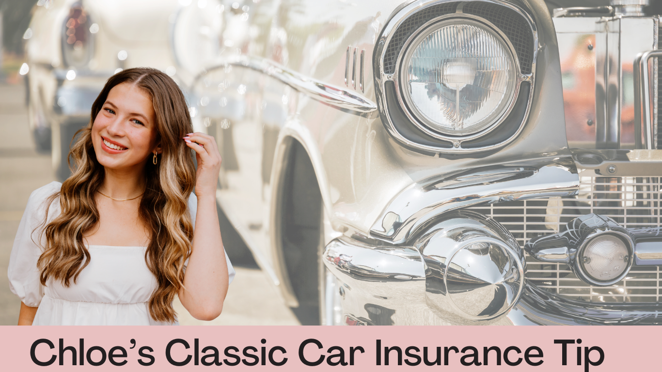 Chloe from Aspire Insurance Group standing with a classic car, sharing how to save on auto insurance.
